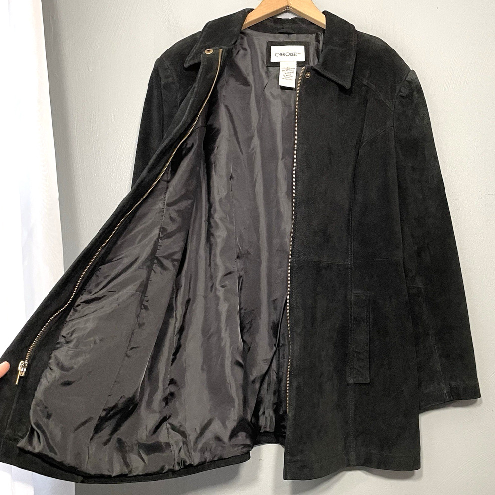 Vintage Cherokee Suede Coat Size XL Dark Black Genuine Leather Jacket 90s Goth - Picture 3 of 14